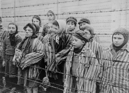 Bunks at the Auschwitz I concentration camp
Child survivors of Auschwitz_behind fence