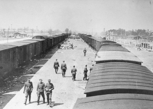 SS-Aufseher laufen entlang der "Rampe" in Auschwitz-Birkenau, Mai 1944.