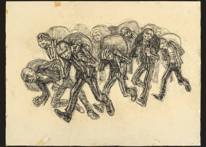 Die Grafik von Helmut Krebs zeigt Häftlinge der Strafkompanie auf der Schuhprüfstrecke des KZ Sachsenhausen, um 1961.