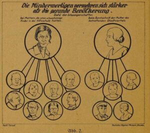 Schaubild von 1920 zur populären Erzählung über Kinderzahlen mit Unterscheidung von “Minderwertigen” und der “gesunden Bevölkerung”.