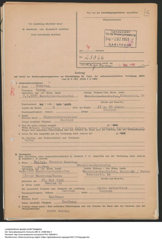 Antrag auf Entschädigung beim Landesamt für die Wiedergutmachung Karlsruhe nach BEG von Georg Samstag, 2. Dezember 1955.