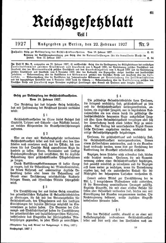 Gesetz zur Bekämpfung der Geschlechtskrankheiten von 1927.