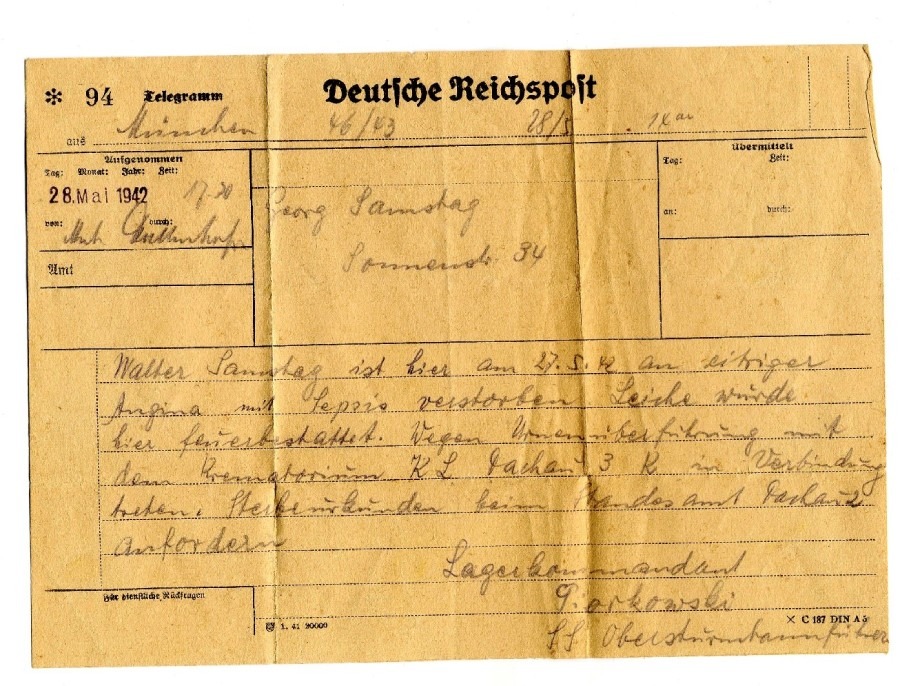 Telegramm des Lagerkommandanten Piorkowski an Georg Samstag über Walters Tod aufgrund von „eitriger Angina mit Sepsis” vom 28. Mai 1942. 